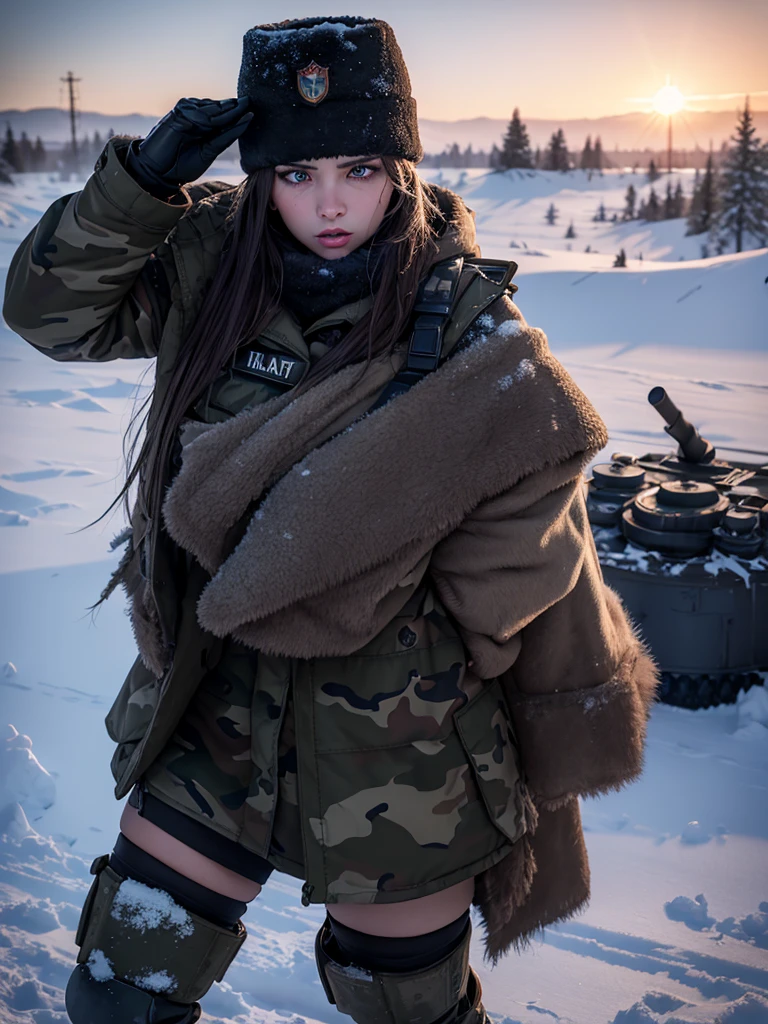 (best quality,4K),(Best details),(ultra realistic),Kai'sa,russian soldier,winter,snow storm,russian hat,sunglasses,beautiful,soldier's salute,looking at viewer,winter war,war-torn city,destroyed buildings,frost-covered trees,smoke and fog,muddy ground,fallen snowflakes,icy wind,battle scars,heavy armor,worn-out boots,glowing eyes,intense expression,determination,cold breath,unique facial features,sharp rifle,camouflage uniform,tangled hair,fur-lined coat,thick gloves,winter camouflage,blizzard,harsh conditions,frigid air,crimson sunset,dark clouds,ominous skies,triumphant pose,defiant stance,endurance and resilience,icy battlefield,steely gaze,frozen tears of valor, big boob, large breasts