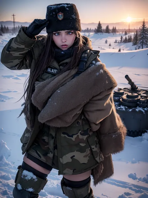 (best quality,4K),(Best details),(ultra realistic),Kai'sa,russian soldier,winter,snow storm,russian hat,sunglasses,beautiful,sol...