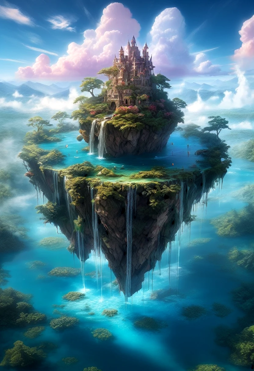floating, floatingisland, landscapes, floating island, ethereal skies, lush vegetation, crystal-clear water, magical creatures, vibrant colors, surreal beauty, dreamlike atmosphere, soft sunlight, wisps of clouds, hidden caves, cascading waterfalls, ancient ruins, mystical aura, fantastical flora and fauna, tranquil serenity, enchanting landscapes, otherworldly charm