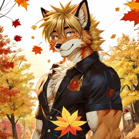 (masterpiece, best quality:1.2), dog boy, red xiii, autumn, body covered in blond fur, furry style, sexual, horny ,full height,v...