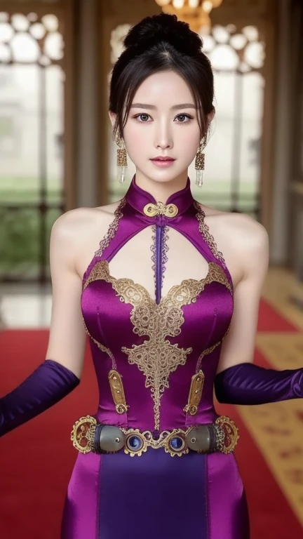 红紫色氨纶旗袍, 娇嫩的脸庞、细致的眼睛和脸部、以一座复杂的法国宫殿（包括花园）为背景, 一个女孩, 杰作, 完美脸蛋,  蒸汽朋克迷你裙 , ((非常复杂的蒸汽朋克背景)), 杰作, 超现实主义, 一件细节非常复杂的连衣裙 , 非常复杂的背景, , 杰作, 超现实主义, 一件细节非常复杂的连衣裙 , 非常复杂的背景
