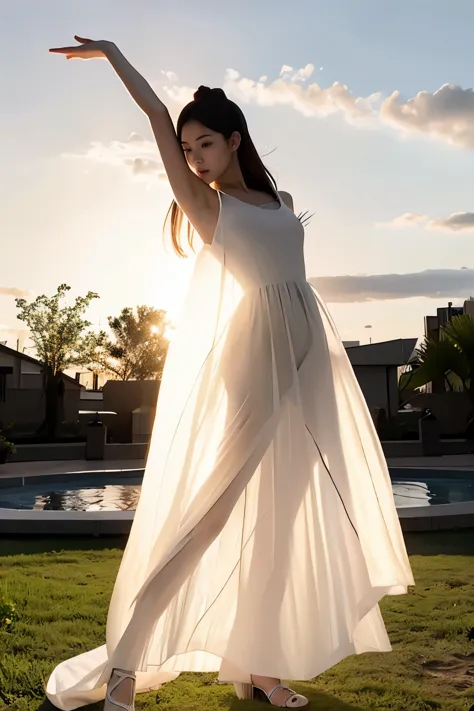 (masterpiece, best quality:1.2), 1girl, solo, standing, arm up, stretching, delicate face, white-skinned female, see-through silhouette, white dress, full body, outdoor