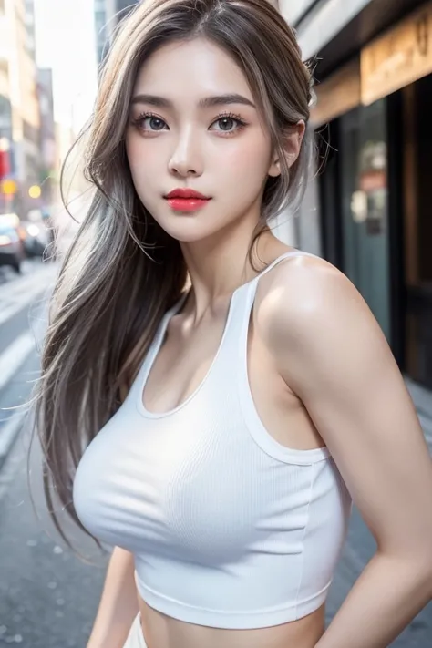 Urban beautiful girl college student, masterpiece, light makeup, red lips, silver hair, messy long hair, street background, beau...