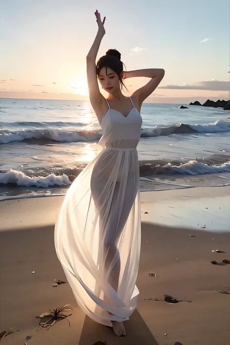 (masterpiece, best quality:1.2), 1girl, solo, standing, arm up, stretching, delicate face, white-skinned female, see-through silhouette, white dress, full body, outdoor, on the beach