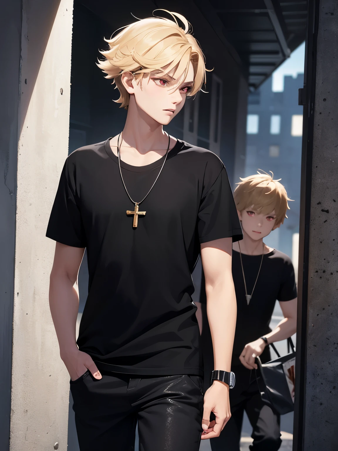 1boy,handsome,15 years old,walking,looking away,half body photo,Perfect face, HD face, ultra detailed face, short hair, blonde hair, messy hair, bright red eyes, vampire, black t-shirt, black trousers, cross necklace,ultra detailed, ultra HD