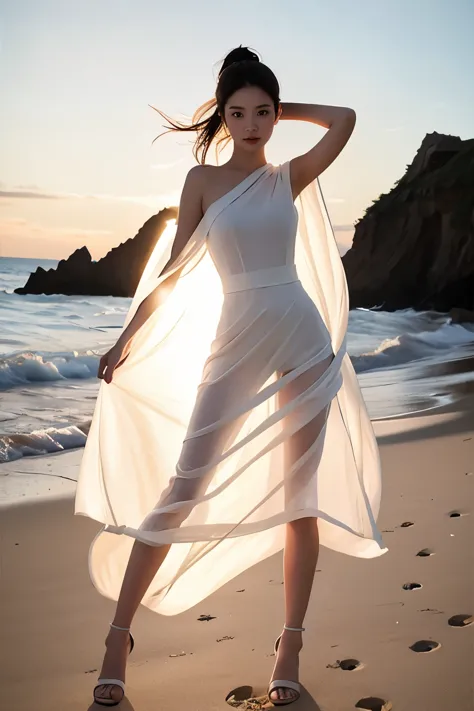 (masterpiece, best quality:1.2), 1girl, solo, standing, arm up, stretching, delicate face, white-skinned female, see-through silhouette, white dress, full body, outdoor, on the beach