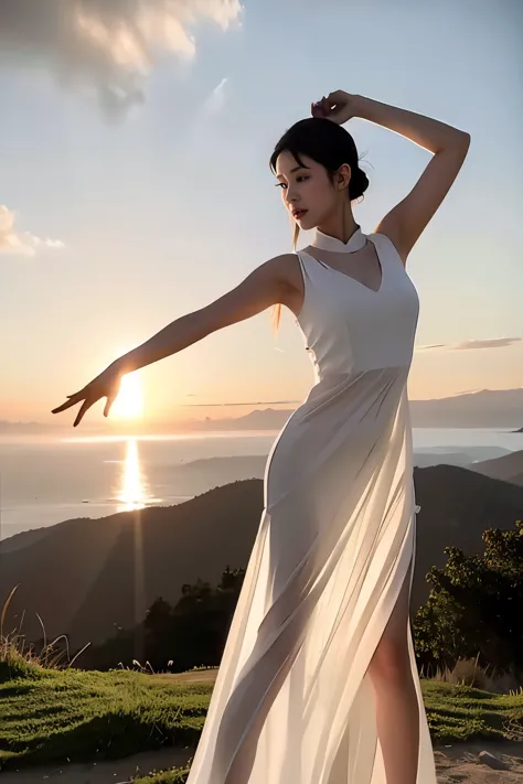 (masterpiece, best quality:1.2), 1girl, solo, standing, arm up, stretching, delicate face, white-skinned female, see-through silhouette, white dress, full body, outdoor, On top of the mountain