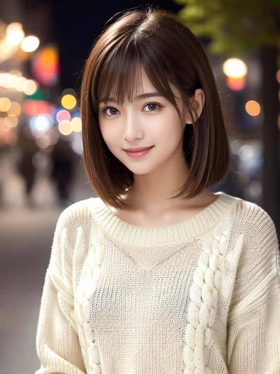 1 girl,(Ivory sweater:1.4),, (RAW photos, best quality), (Practical, Reality:1.4), On the table, Very delicate and beautiful, Very detailed, 8k wallpaper, wonderful, Finely, Very detailed CG Unity, high resolution, Soft Light, Beautiful and delicate 29-year-old girl, Very detailed目と顔, Beautiful and delicate nose, Finelyて美しい目,city lights during daytime,Perfect anatomical structure,slim body,Smile  (Asymmetrical bangs, Light brown hair,)Cherry blossoms