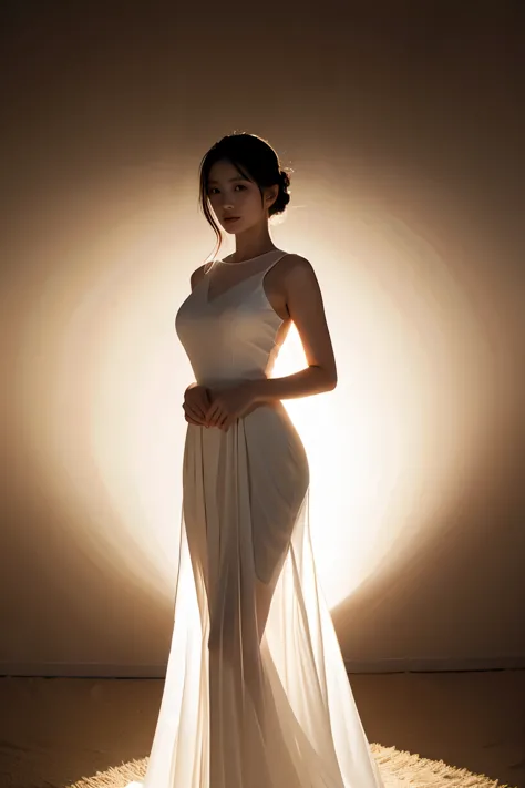 (masterpiece, best quality:1.2), 1girl, solo, delicate face, white-skinned female, see-through silhouette, white dress, full body, black background