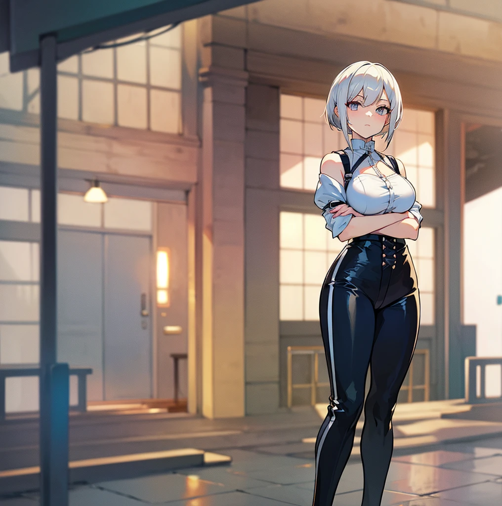 anime girl with white hair and black pants posing for a picture, seductive anime girl, casual pose, smooth anime cg art, thicc, perfect white haired girl, attractive anime girl, anime girl, female anime character, (anime girl), girl with white hair, anime character, girl with short white hair, anime woman, tifa lockhart with white hair, digital anime art
