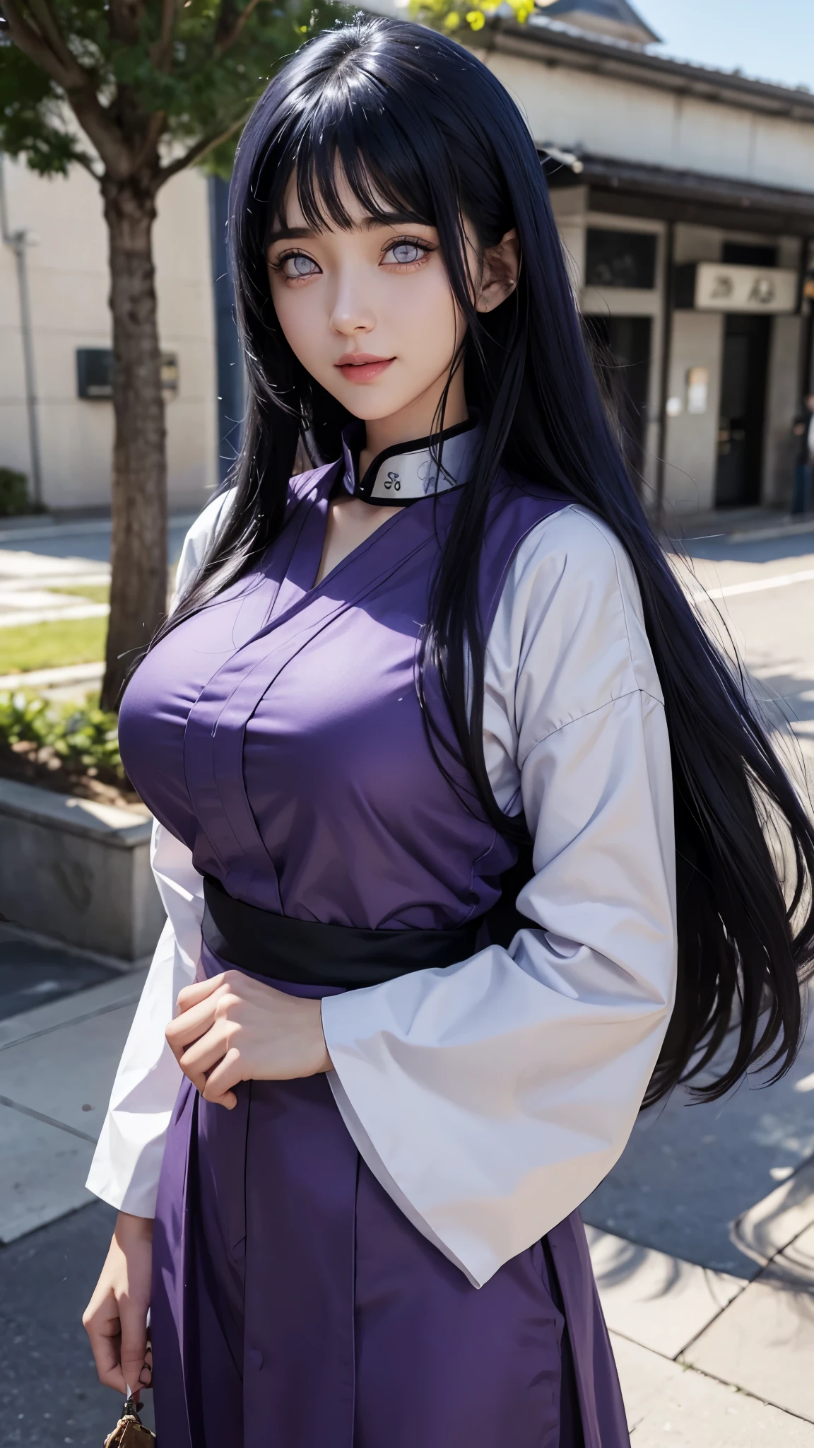  female hyuga hinata in anime naruto, long hair, dark blue hair, white eyes, smile, beautiful, purple clothes, big breast, realistic purple clothes, detail clothes, outdoor background, ultra detail, realistic