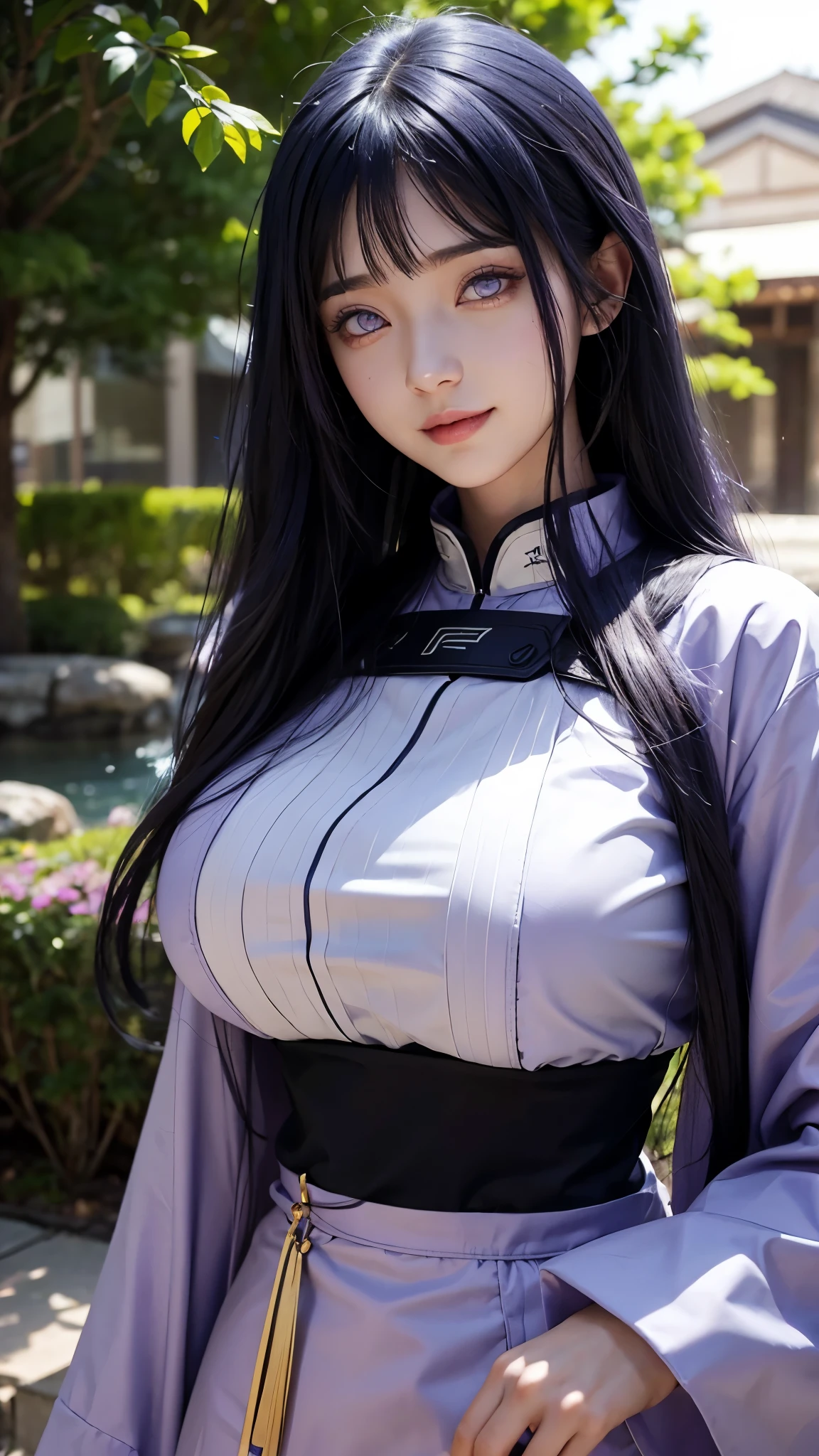  female hyuga hinata in anime naruto, long hair, dark blue hair, white eyes, smile, beautiful, purple clothes, big breast, realistic purple clothes, detail clothes, outdoor background, ultra detail, realistic