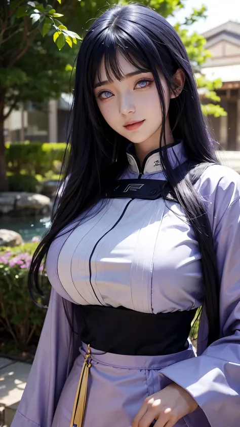 female hyuga hinata in anime naruto, long hair, dark blue hair, white eyes, smile, beautiful, purple clothes, big breast, realis...