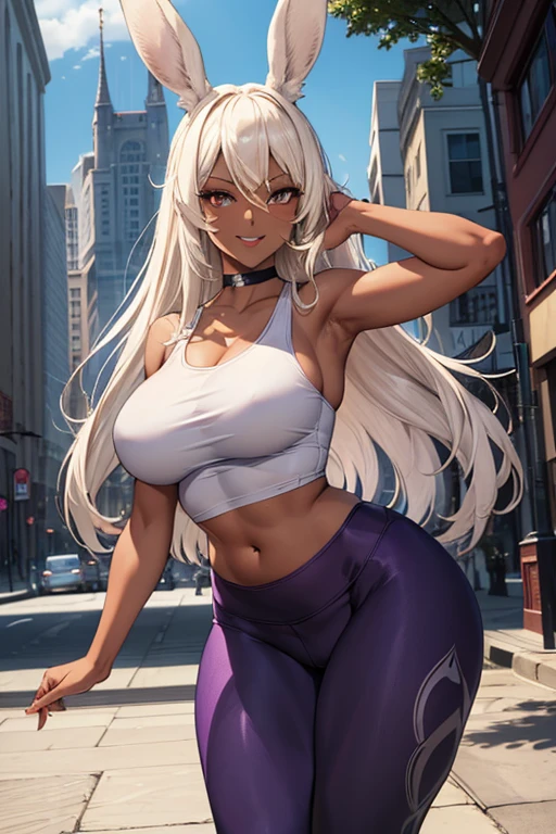 (masterpiece), best quality, highly detailed faces, (SHARP details), 4k, highly detailed, expressive eyes, SHARP detail expressive eyes, (SHARP detail perfect face), ((dark skin)), (bunny ears), (viera), ((platinum blonde hair)), (choker) amber eyes, long and wild hair, (mature woman), (big breasts), smiling, standing, (wearing white tank top), 20 years old, ((wearing purple yoga pants)), ((solo)), wide hips, (((view from front))), thick thighs, tall woman,