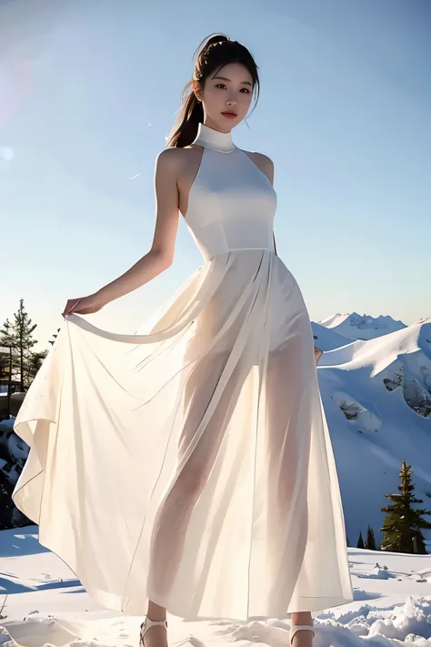 (masterpiece, best quality:1.2), 1girl, solo, delicate face, white-skinned female, see-through silhouette, white dress, full body, outdoor, On top of snow mountain, snowing
