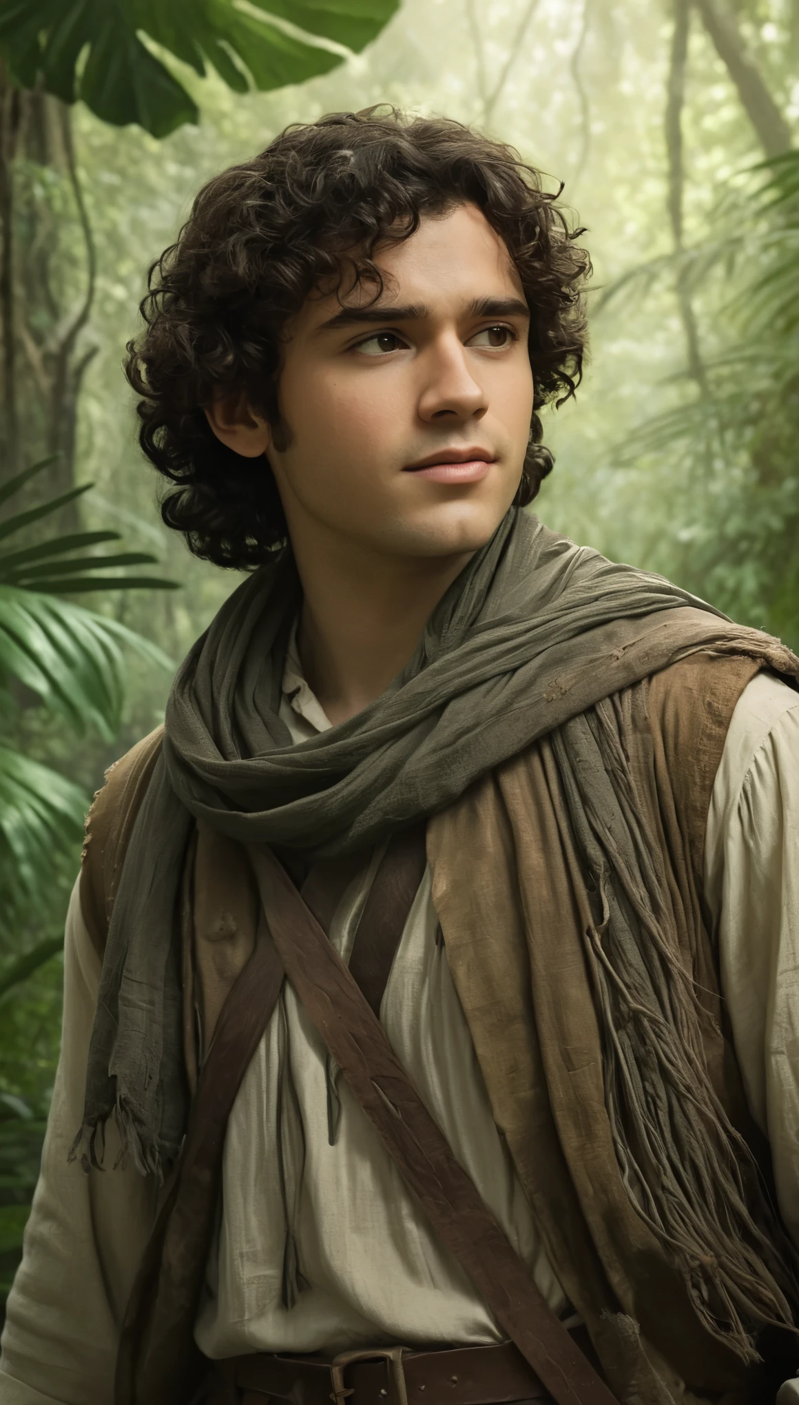 An illustrated movie poster, hand-drawn, full color, a male ranger, 28 years-old, resembles Gavin Leatherwood, wearing a linen tunic and a shemagh scarf, sun-tanned skin, stocky physique, deep brown eyes, wide bulbous nose, black hair, curly hair, thick bushy eyebrows, extremely hairy chest, stomach, and arms, lots of body hair, posing in a tropical rainforest, hard shadows, graphite shading, stencil markings, airbrushed acrylic paint, masterpiece, in the style of Lord of the Rings 