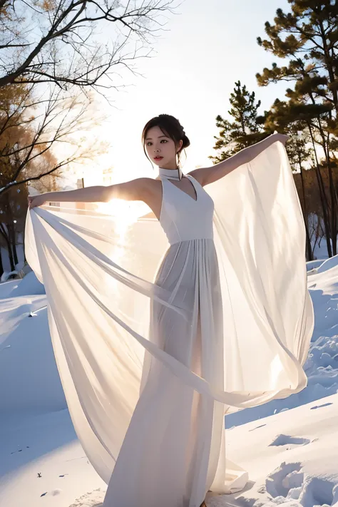 (masterpiece, best quality:1.2), 1girl, solo, delicate face, white-skinned female, see-through silhouette, white dress, full body, outdoor, On top of snow mountain, snowing