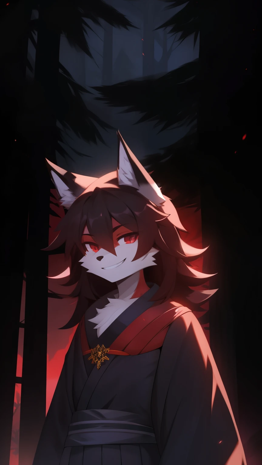 Best quality, super detailed illustration, purple and dark tones, grin, dark aura, black and red, Two tons, Dark shade, red tint, high contrast, dark lighting, offering a deal, Ideal lighting, (Fluffy fox boy:1.4),  red and black colors, feminine face and body, disheveled thick hair, samurai clothing, Japanese atmosphere ,at an outpost in the middle of the forest, smug smile, half-closed eyes , Femboy,  slim, perfect body, style &quot;DND&quot;