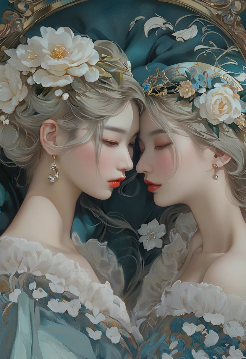 a close up of a woman with a flower crown on her head, asian features, jinyoung shin, inspired by Yanjun Cheng, traditional art, korean artist, gorgeous chinese model, yanjun chengt, fanart, by Ni Tian, beautiful south korean woman, official artwork, by Wu Bin, wenfei ye, popular south korean makeup, a young asian woman absolutely abstract Retro vintage art print, sexy, glamorous pin-up girl wearing a sailors hat, bikini, A painting of a woman wife ((golden ratio}} laying on the sofa after a long night on the town, a painting, a Beautiful expressive painting, malcolm liepke painting, glossy painting, beautiful digital painting, digital art painting, Fine paintings, monochromatic. malcolm liepke oil painting, impressionist painting.Spread your legs apart, beautiful and delicate face, fair skin