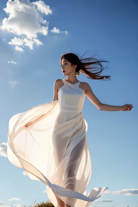 (masterpiece, best quality:1.2), 1girl, solo, delicate face, white-skinned female, see-through silhouette, white dress, full body, outdoor, in high sky, floating with wind, cloud