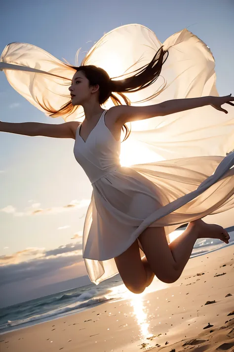 (masterpiece, best quality:1.2), 1girl, jumping, solo, delicate face, white-skinned female, see-through silhouette, white dress, full body, outdoor, in high sky, floating with wind, cloud
