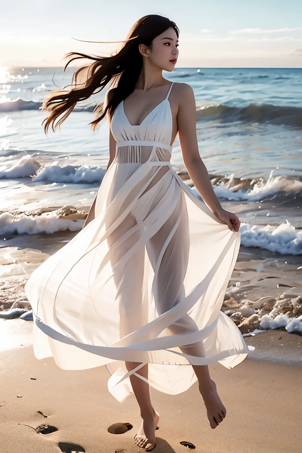 Correndo na praia, (Obra de arte, melhor qualidade:1.2), 1 garota,, Sozinho, rosto delicado, fêmea de pele branca, silhueta transparente, vestido branco, corpo todo, ar livre, 
