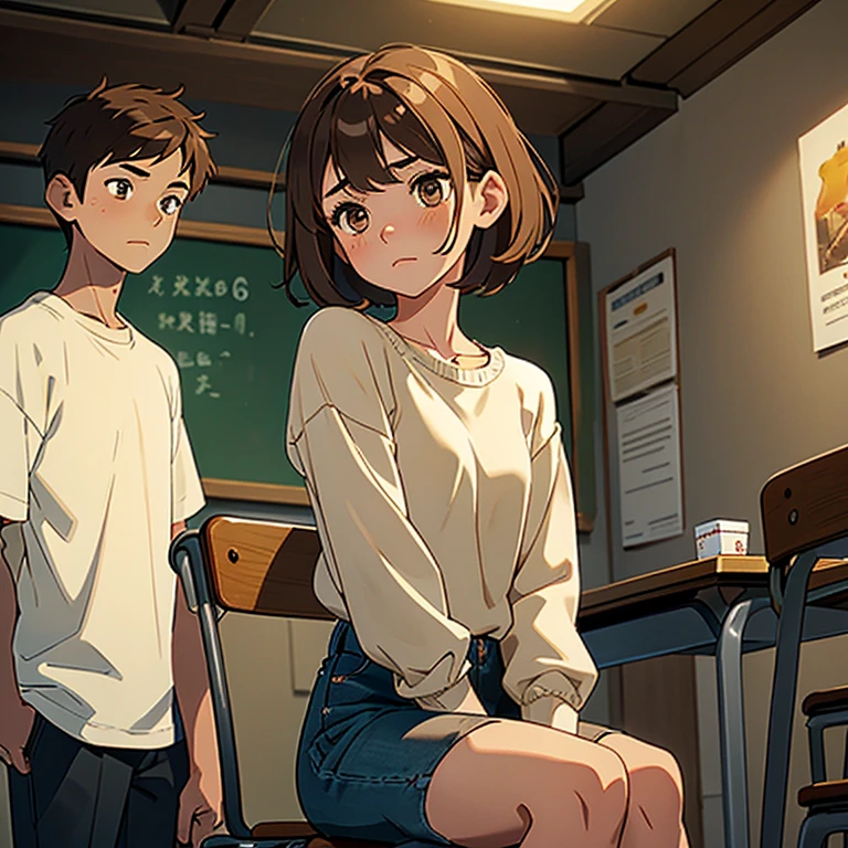 1 girl, medium hair, brown, light brown eyes, thin, wearing a , sitting in her chair, in a classroom decorating her table, behind her, 1 boy, tall, Strong, short hair, brown hair, with a low fade, light brown eyes, wearing a , sitting with a sad expression on his face 