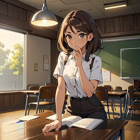1 girl, medium hair, brown, light brown eyes, thin, wearing a , sitting in her chair, in a classroom decorating her table