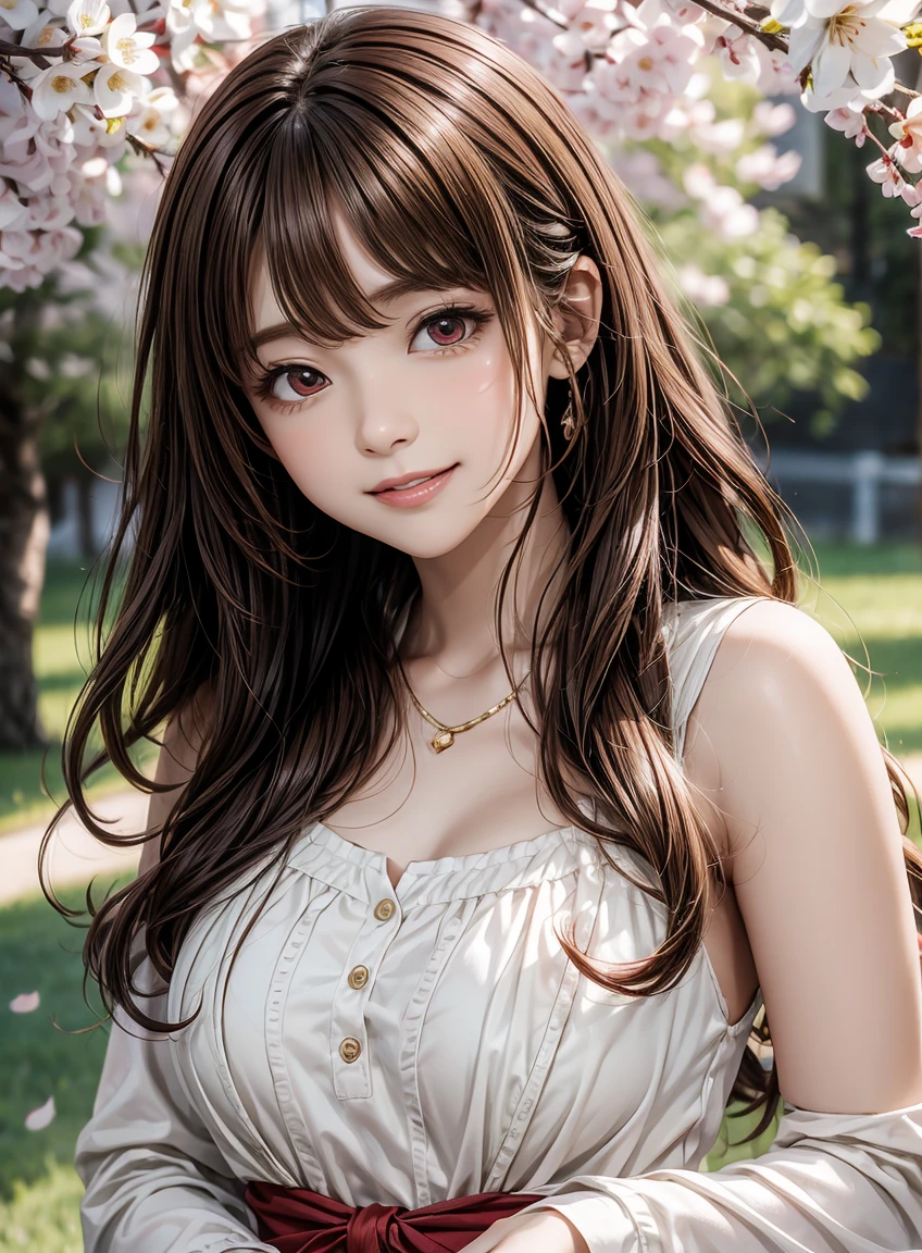 (highest quality:1.3), Highly detailed CG Unity 8k wallpaper, 32K, Realistic, Ultra-high resolution RAW photos, Beautiful and clear face, White skin, Real Skin, Finely textured fabric, Detailed hair texture, Perfect body, Beautiful Features, Accurate fingering, Anatomically correct, Highly detailed face and skin texture, One Girl, cute,Brown Hair、((Curly Hair、Red eyes、Droopy eyes:1.2))、Shiny and smooth hair, Thick bangs、(Bright smile:1.2), Spring outfit、Cherry tree、Spring Sunshine、spring breeze、