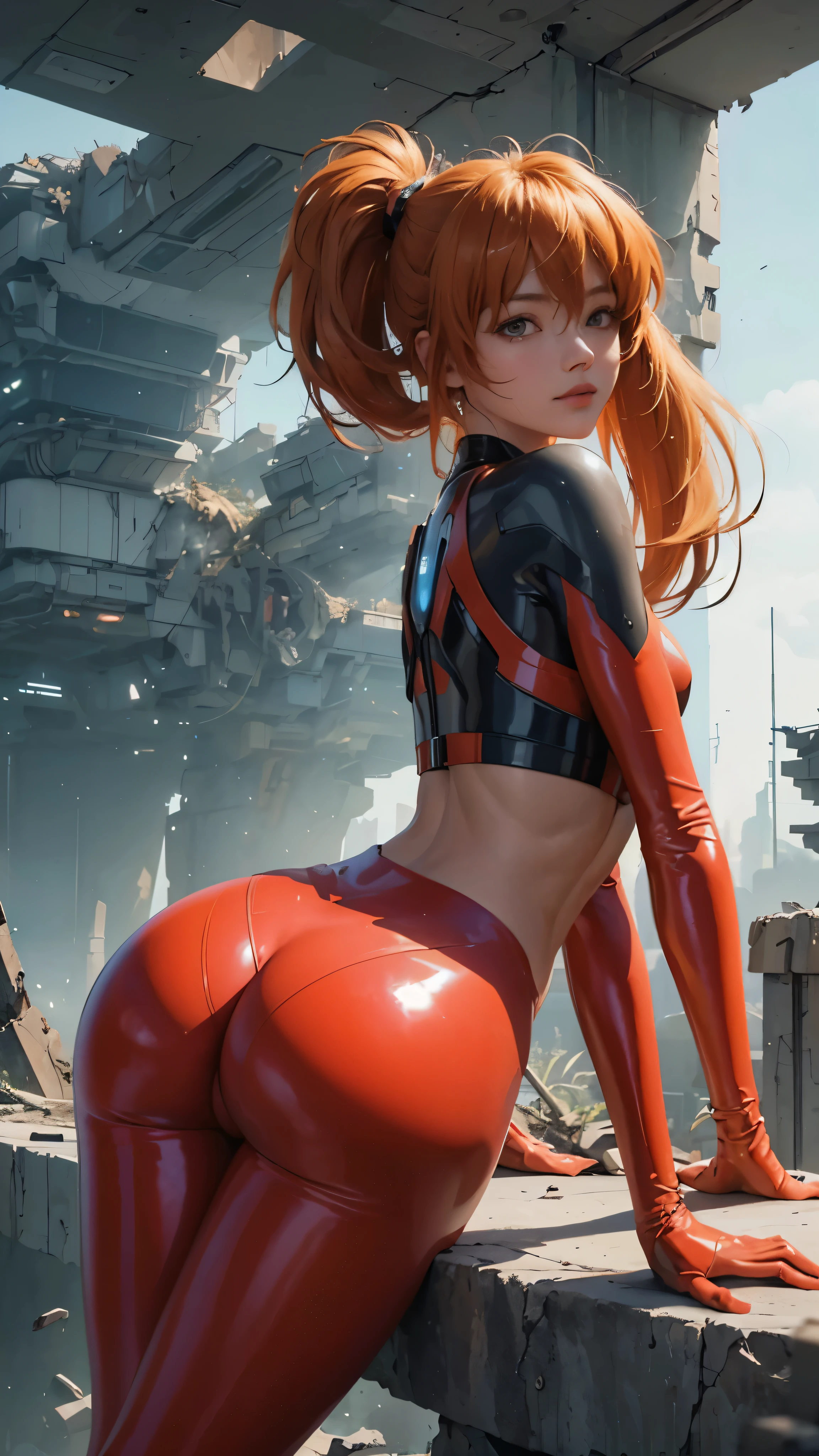 1 girl, ((Asuka langley shikinamy)), (((Red latex tight pants))), We see her, He's taking off his pants, leaning over a desk, Perfectoo, She opens her, ASS, ((The light comes from below) ), ((Lighting comes from the ground)), ((Beautiful shape of ass)), ((orange hair)), ((Best quality)), ( (Masterpiece) ), (Highly detailed:1.3 ), splendid, (cyberpunk:1.3) (NSFW 1.3), ((naked))) ((Perfect ass, perfect buttoks)) ((ass view)) (((Pura Pantyhouse))), (godpussy), real life, HDR (High Dymanic Range), Ray tracing, NVIDIA RTX, Super resolution, Unreal 5, Sub-Surface Scatterring, PBR textures, Post processing, Anisotropic filtering, Depth of field, High sharpness and sharpness, Multi-layer textures, Albedo and specular mapping, Surface shading, Precise simulation of light-material interactions, Perfect proportions, Octane rendering, duotone lighting, Low ISO, white balance, Rule of thirds, Wide aperture , 8K RAW, high-efficiency subpixels, sub-pixel convolution, glow particles, (background(futuristic shipyard in ruins):1.3), daylight, bent over, smiling, (((close up)))