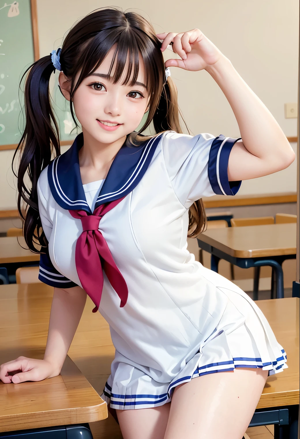 (highest quality,masterpiece:1.3,Ultra-high resolution),(Very detailed、Caustics) (Realistic:1.4, RAW shooting、)Ultra-Realistic Capture、Very detailed、Natural skin texture、masterpiece、(junior high school sailor suit:1.3)、Short-sleeved sailor uniform、1 Japanese girl、Adorable expression、Expressions of Happiness、14 years old、Young Face、Amazingly cute、Twin tails、Curly Hair、Black Hair、Scrunchie、light makeup、Big breasts that look like they might burst、Bare arms、This photo was taken in a middle school classroom..、Shining thighs、Shooting from the side、smile、An inviting gaze、The exact number of fingers on each hand、Cowboy Shot、