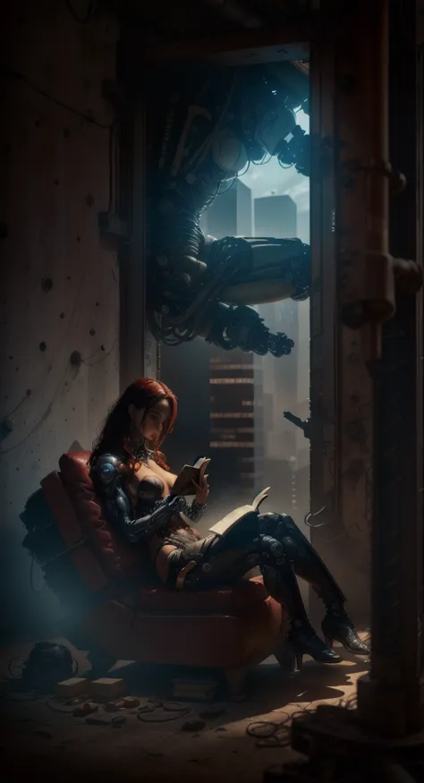 office in a skyscraper in a big city, cyborg woman sits in a luxurious chair and reads a book, Heavy men&#39;s boots, high quali...