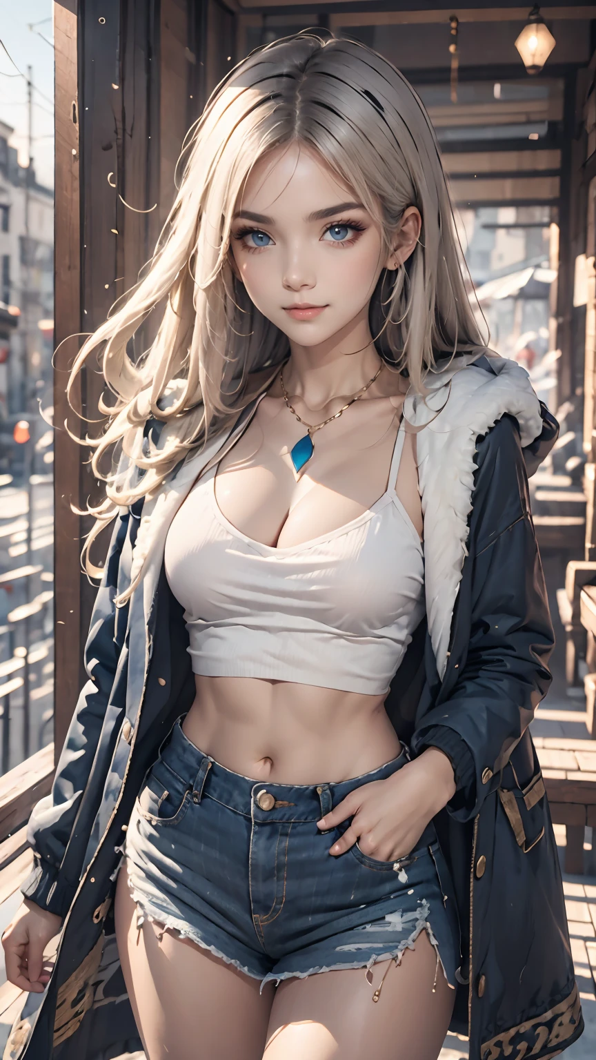(masterpiece:1.2, Best Quality), (real image, intricate details), 1 right, Alone, Upper part of the body, Casual, by the wide, minimal makeup, natural fabrics, closeup face, smile, Home, Light platinum blonde long hair, hits, wavy fur, voluminous hair, green eyes, big breasts, shout free, nice clothes, pleated skirt, black skirt, beautiful clothes, blue parkas, blue shelter, coat with fur, blue shelter white fur, hits on forehead, Korean hits, cute hits.