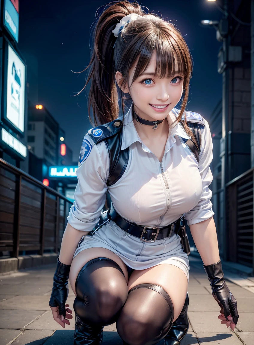 (highest quality:1.3), Highly detailed CG Unity 8k wallpaper, 32K, Realistic, Ultra-high resolution RAW photos, Beautiful and clear face, White skin, Real Skin, Finely textured fabric, Detailed hair texture, Perfect body, Beautiful Features, Accurate fingering, Anatomically correct, Highly detailed face and skin texture, One Girl, cute,Brown Hair, ((ponytail, Azure Eyes: 1. 2)), ((Smiling with white teeth:1.3))、Thick bangs、Sleeveless jacket、Open jacket、Pencil Skirt、Belt at waist、Knee-high boots、Leather gloves、((policewoman:1.4)), (Decadent futuristic night city background), (Cyberpunk Background, Blade Runner), (Blue and purple neon lights flashing), Volumetric lighting, Soft Light、Crouching posture、