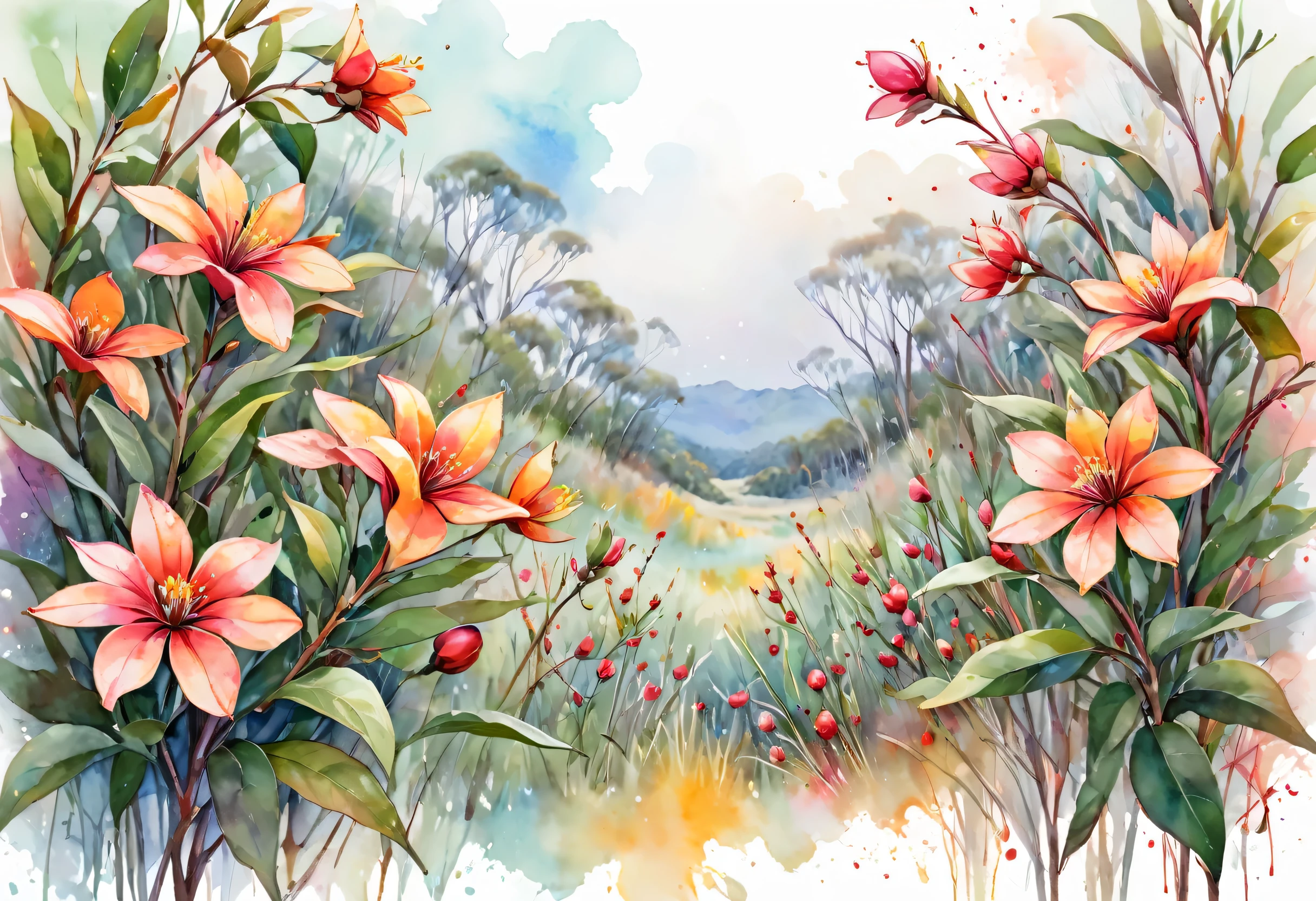 Leuchtende und fröhliche Blüten der Känguru-Apfelblume rahmen, vor einem Hintergrund aus Aquarellflecken der einheimischen Buschlandschaft und wilden Gräsern. Auf einem weißen Hintergrund, Illustrationsdesign, Flaches Design, Stile Aquarell und Tintenspritzer, Detaillierte Striche, soft color  palette, Aquarell Spritzer, Flaches Design, Ätherisch,4k