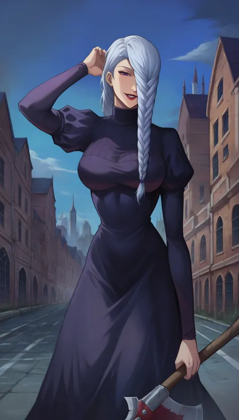 score_9_up, score_8_up, score_7_up, 1girl, solo, mature female, mei mei, (((holding axe))), (((large axe))), hand in hair, crow on shoulder, looking at viewer, white hair, braid, hair over one eye, half closed eye, braided ponytail, braided bangs, purple e...