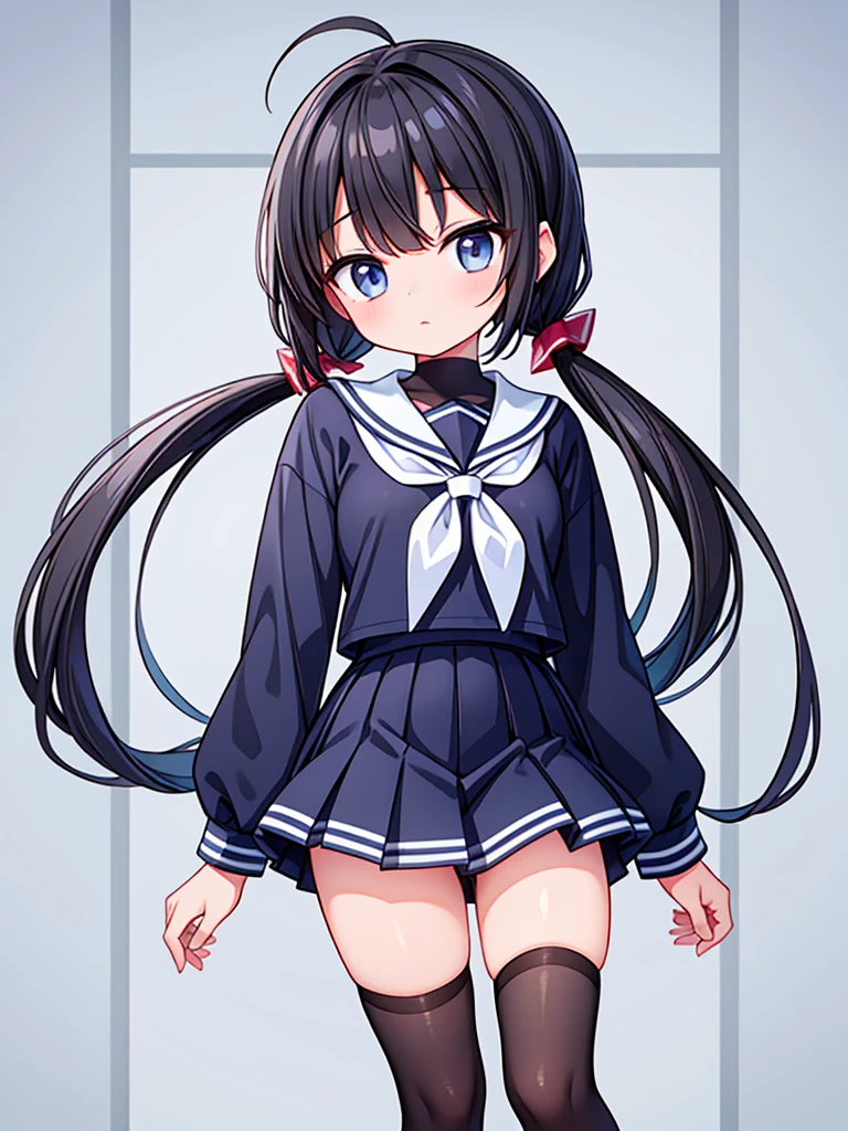 (masterpiece), (highest quality), 1girl, Black Hair, high school student, (low twin tail), (small breasts), Sailor suit, Standing posture,