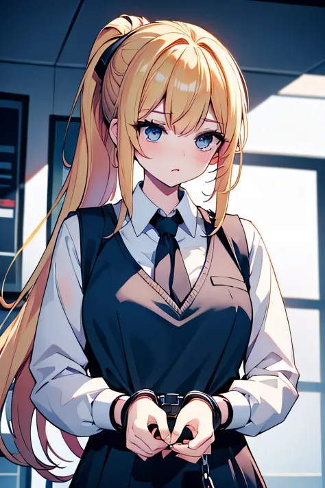 long blonde hair, ponytail, handcuffed, arrested, mom, office lady