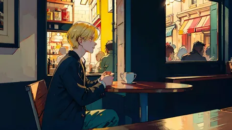 Cool and handsome Asian boy with blond hair sitting in a cafe at night, Visible from the window, Perfect Face, White shirt、Black...