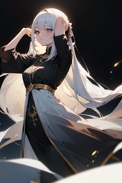 masterpiece, best quality,portrait of 1girl, black background with a gray gradient from below, long white hair, clothes are a black narrow dress with gold elements, white light is falling from above, she holds her hands behind her head
