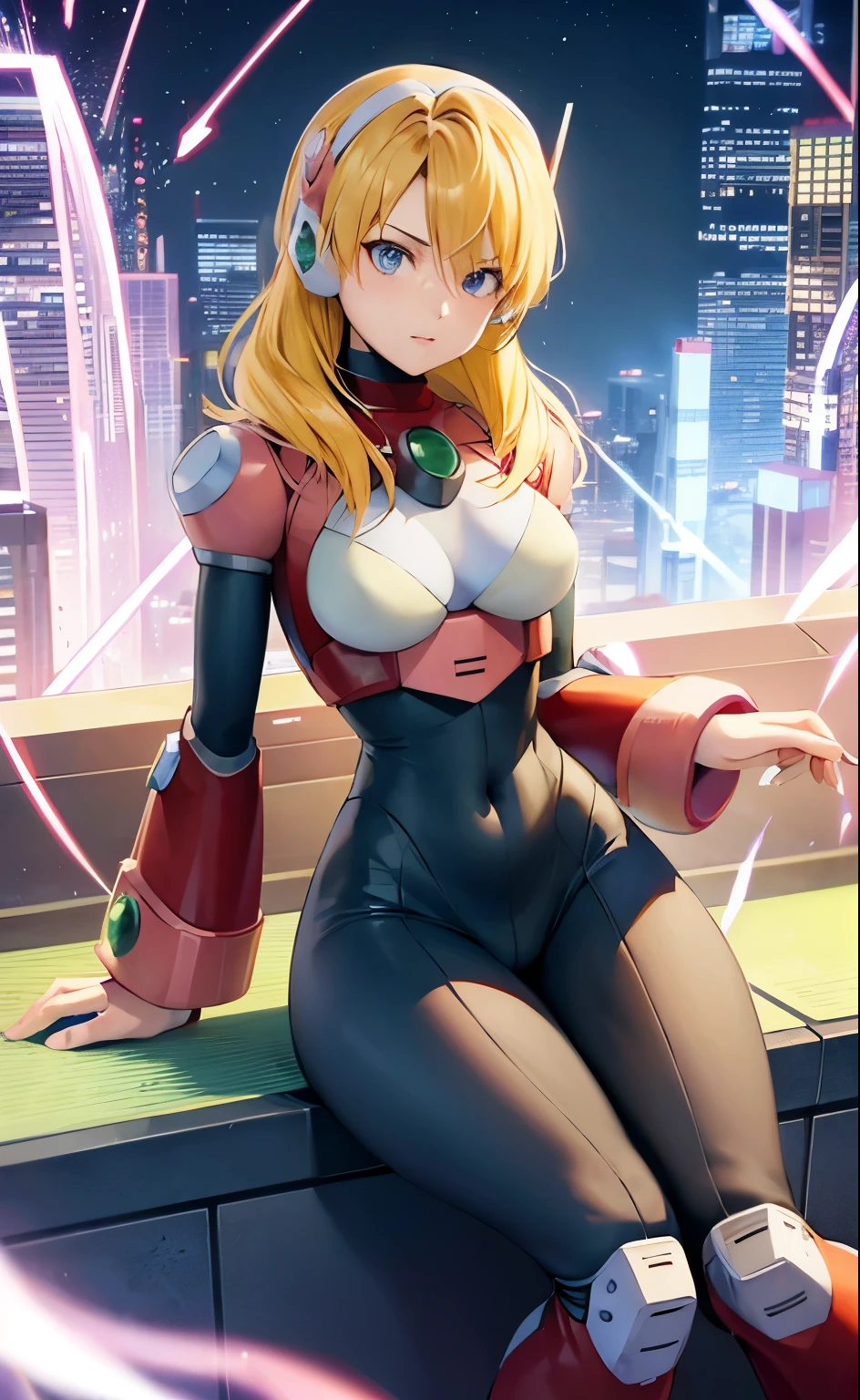 alia_megamanx sitting on the edge of the top of a building in Tokyo - bak cyberpunk city in the background, SSCI - FI, fantasia, intricado, muito muito bonita, elegante, luz neon, Altamente detalhado, pintura digital, art station, arte conceitual, anatomia humana, luz suave, suave, illustration, por tian zi e artgerm e greg rutkowski e alphonse mucha e loish e WLOP