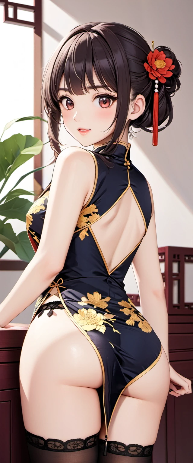 High resolution, adult woman , good lighting, despicable, , (No nudity), (((China dress))), (()), ((())), (garter belt), abdomen only, (),  ,  cute face, I&#39;m embarrassed and blush, humiliating, ((turn around and look back)), ((See-through))()(T-back)(a large amount of  is on the body,)