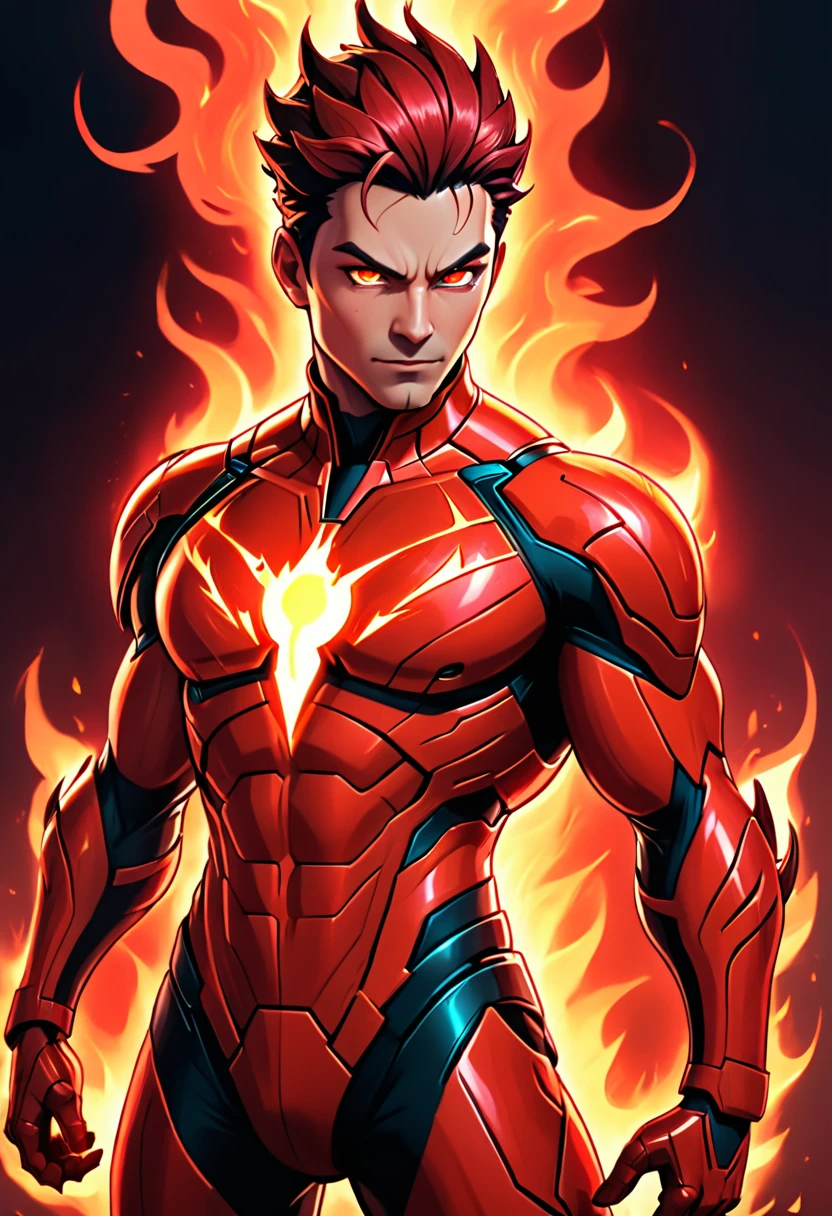 a man with glowing eyes and a red suit standing in front of a fire, incredible background, Human Torch, glowing red veins, radiant power, avatar image, glowing red veins, glowing and glowing veins, cyberpunk flame suit, 8 k very detailed ❤🔥 🔥 💀 🤖 🚀, glowing veins, dark supervillain, 1024px profile picture, fire demon