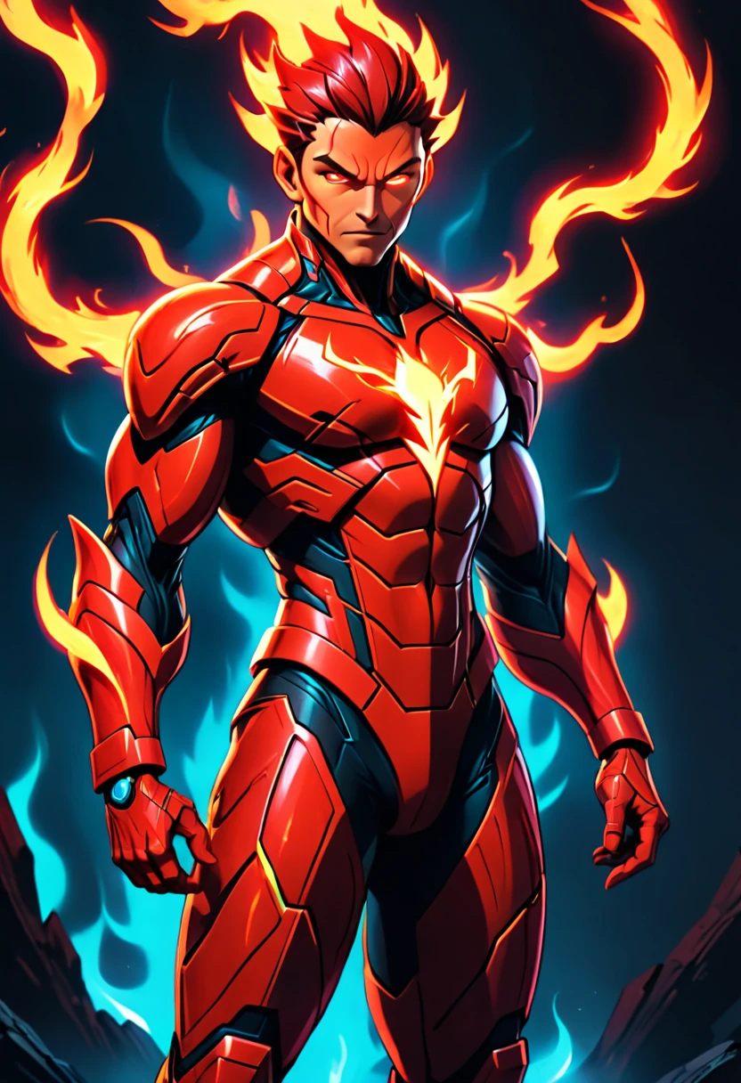 a man with glowing eyes and a red suit standing in front of a fire, incredible background, Human Torch, glowing red veins, radiant power, avatar image, glowing red veins, glowing and glowing veins, cyberpunk flame suit, 8 k very detailed ❤🔥 🔥 💀 🤖 🚀, glowing veins, dark supervillain, 1024px profile picture, fire demon