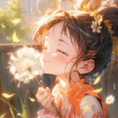Dandelion blowing in the wind anime girl, cute girl anime visual, happy expression, wearing a big red flower hair ornament, happ...