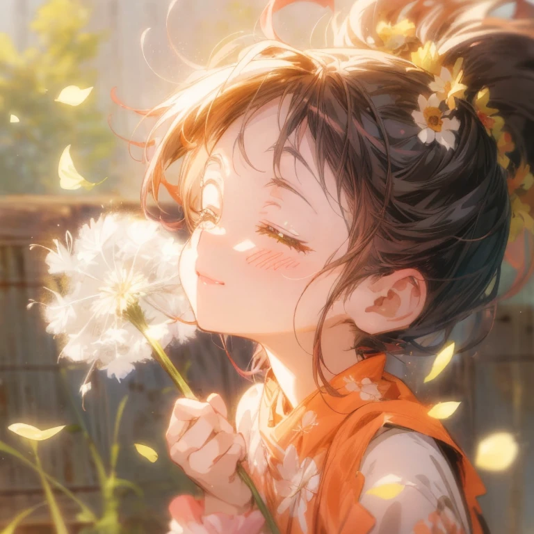 Dandelion blowing in the wind anime girl, cute girl anime visual, happy expression, wearing a big red flower hair ornament, happy girl, smiling, eyes closed, cute, happy cheerful expression, she is expressing joy, anime image, very happy So, cute anime girl, smiling expression, beautiful anime portrait, soft surprised smile, soft anime illustration, anime illustration, she is smiling and happy, beautiful anime artwork, cheerful expression,tukimichi_spider