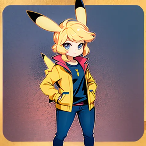 pikachu female, tomboy , short stack , wearing jacket , shirt , pikachu tall