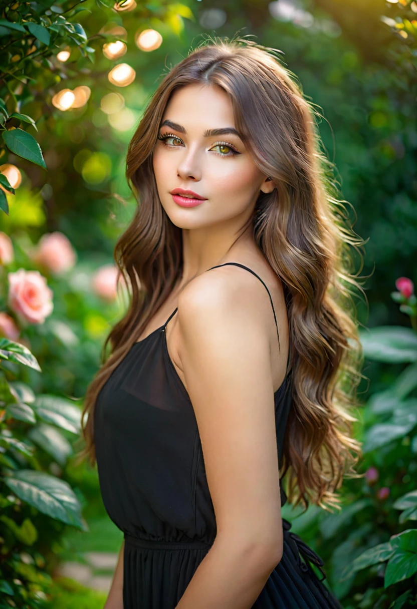 Best quality,high resolution,Ultra-detailed,(Realistic:1.37),(portrait:1.1),(photography:1.1),Vivid colors,soft lighting,beautiful detailed eyes,beautiful detailed lips,(long hair:1.1),(natural beauty:1.1),graceful pose,(black dress:1.1),rosy cheeks,green garden background,subtle bokeh,serene ambience