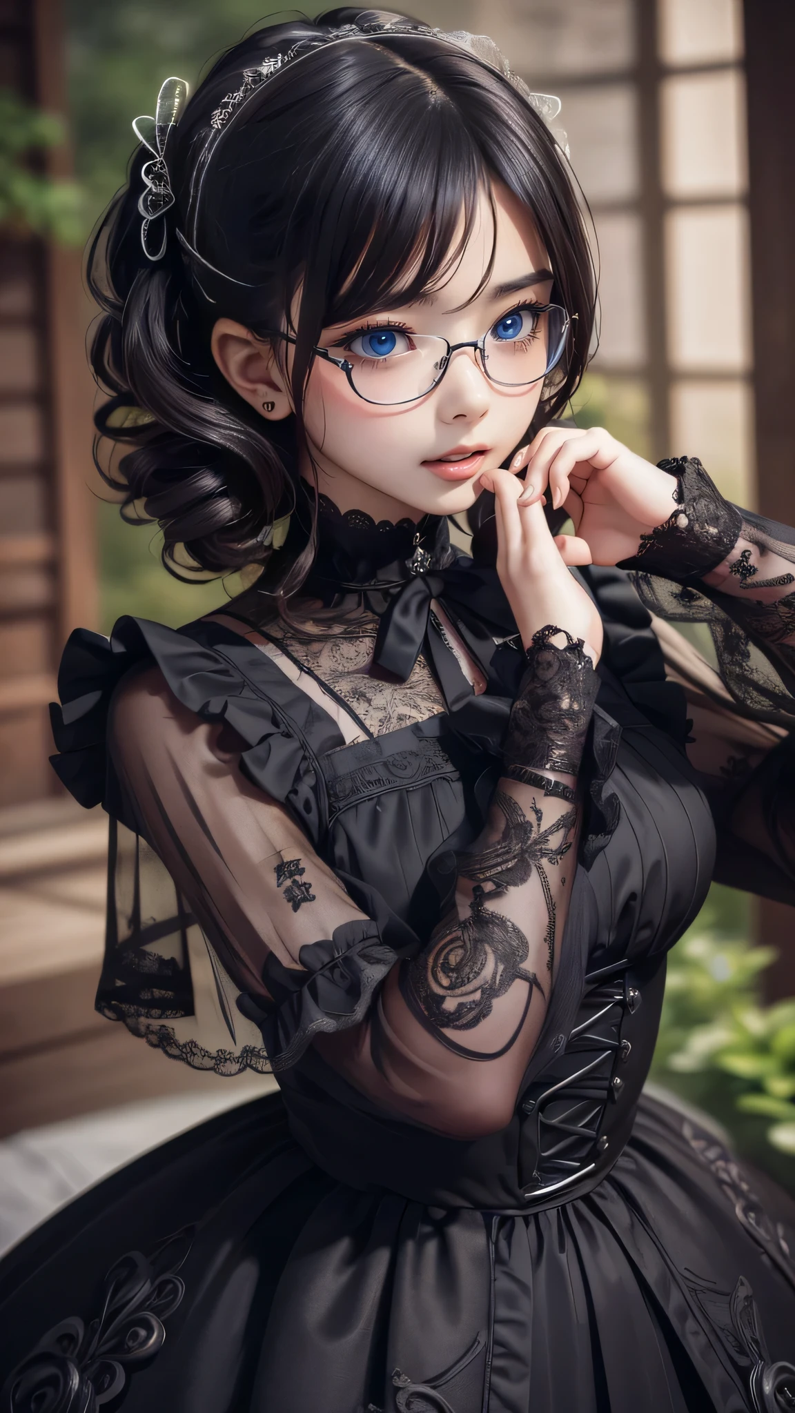 (random pose:1.2),gothic lolita dress,(random pose),(random hairstyle),(Highest image quality,(8K), Ultra-realistic, Best Quality, High quality, High Definition, high quality texture, high detailing, Beautiful detailed, fine detailed, extremely details CG, Detailed texture, realistic representation of face, masterpiece, presence),(wearing glasses:1.1)