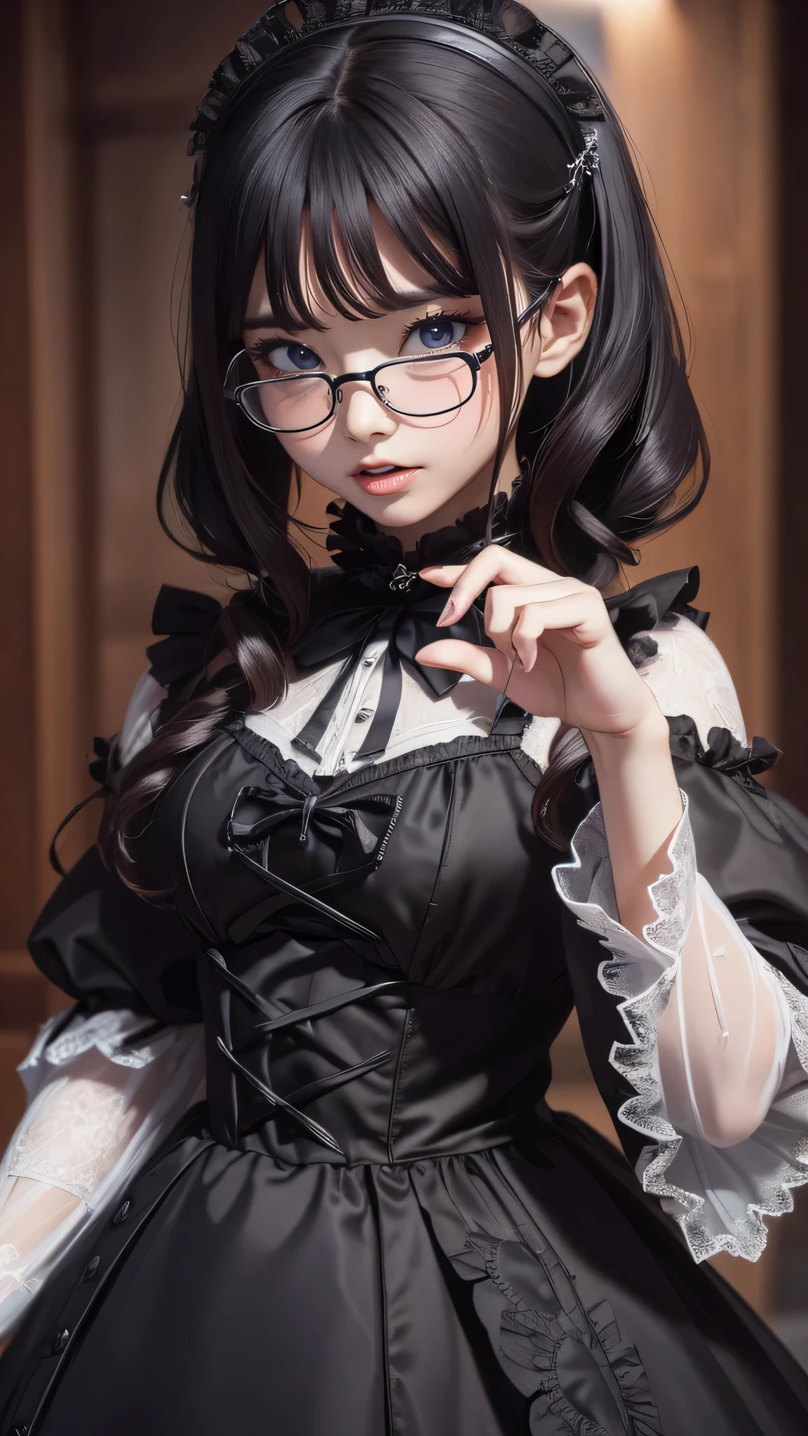 (random pose:1.2),gothic lolita dress,(random pose),(random hairstyle),(Highest image quality,(8K), Ultra-realistic, Best Quality, High quality, High Definition, high quality texture, high detailing, Beautiful detailed, fine detailed, extremely details CG, Detailed texture, realistic representation of face, masterpiece, presence),(wearing glasses:1.1)